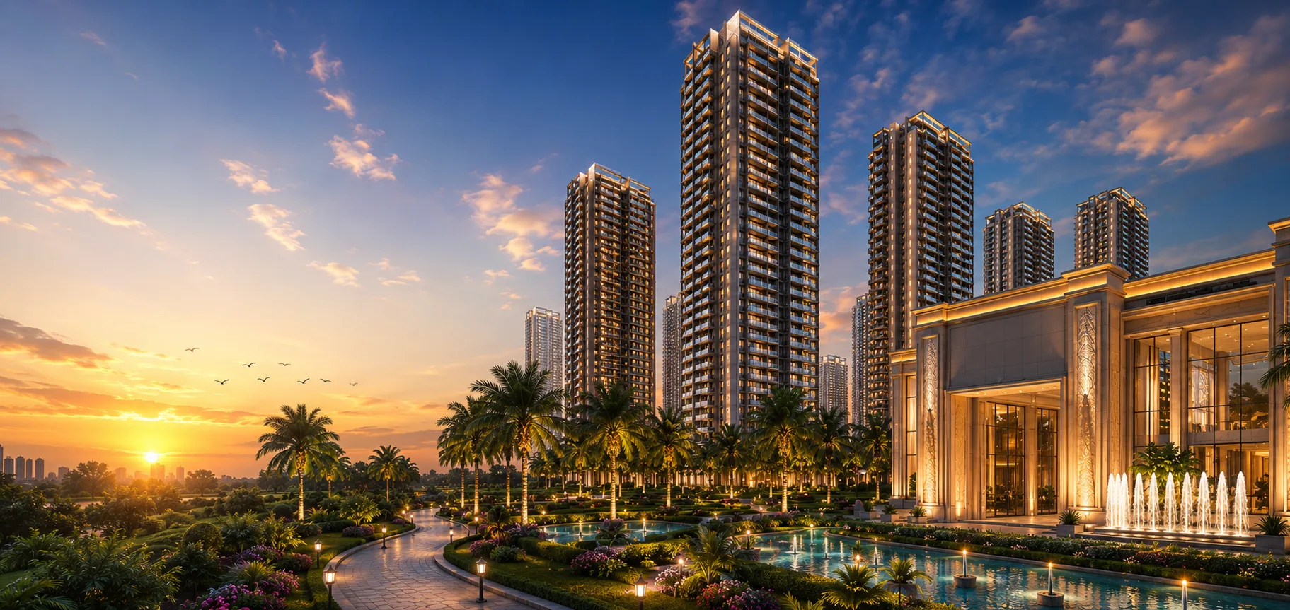 ACE ARTE Sector 150 Noida ultra luxury residential towers at sunset with landscaped gardens and fountains