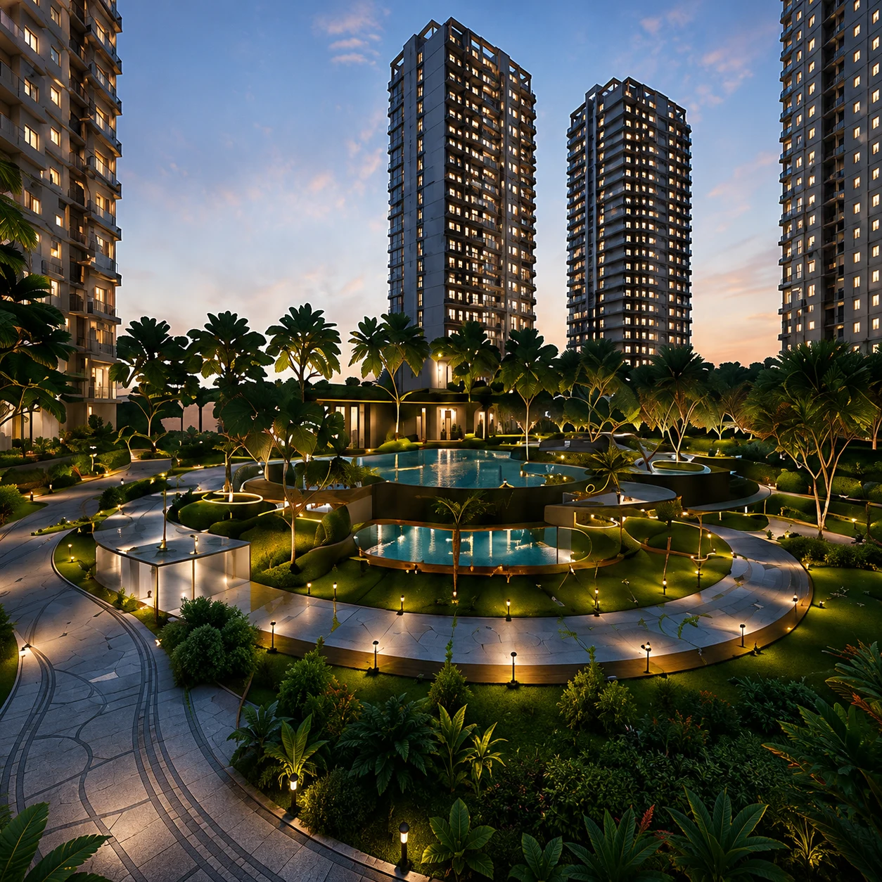 Landscaped podium garden and swimming pool at ACE ARTE Sector 150 Noida during evening
